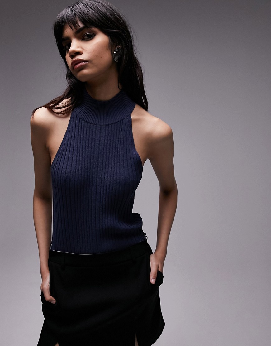 Topshop knitted halter neck ribbed top in blue