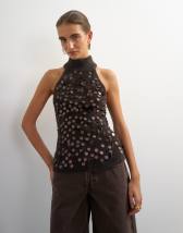 Topshop knitted halter neck sequin top in chocolate brown