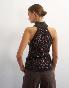 Model wearing Knitted halter neck sequin top in chocolate brown