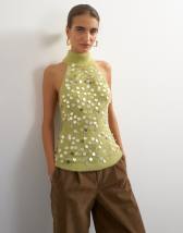 Topshop knitted halter neck sequin top in green