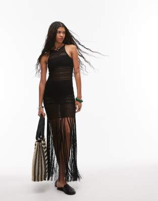 Topshop knitted halter tassel dress in black
