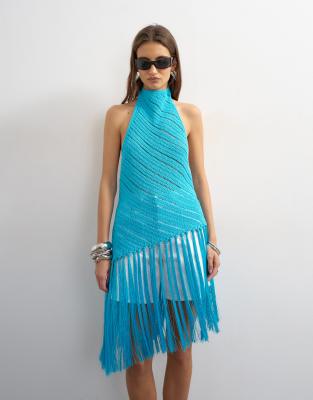 Knitted halterneck longline fringing tunic in blue | Topshop