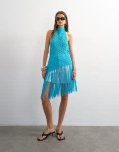 Model wearing Knitted halterneck longline fringing tunic in blue
