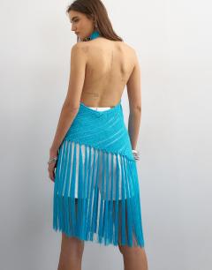 Model wearing Knitted halterneck longline fringing tunic in blue