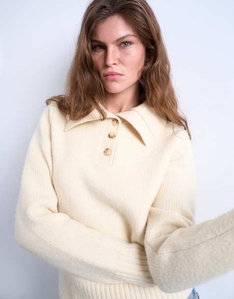 Topshop knitted heavy compact polo jumper in ecru - view 1