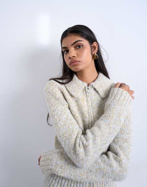 Topshop knitted heavy twist yarn collared cardigan in blue and yellow (Part of a set) - view 1