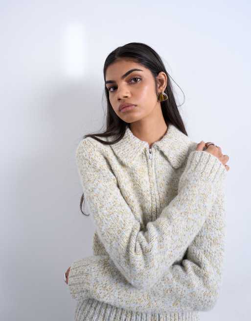 Topshop knitted heavy twist yarn collared cardigan in blue and yellow (Part of a set)