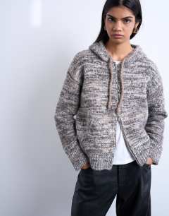 Knitted heavy twist yarn hoodie in grey
