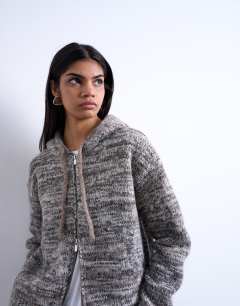 Model wearing Knitted heavy twist yarn hoodie in grey