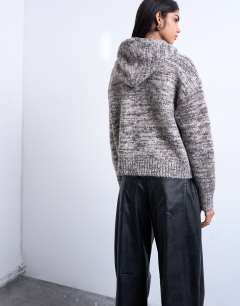 Model wearing Knitted heavy twist yarn hoodie in grey