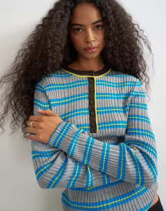 Knitted henley long sleeve stripe top in blue multi