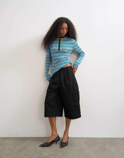 Topshop knitted henley long sleeve stripe top in blue multi, 2 of 4