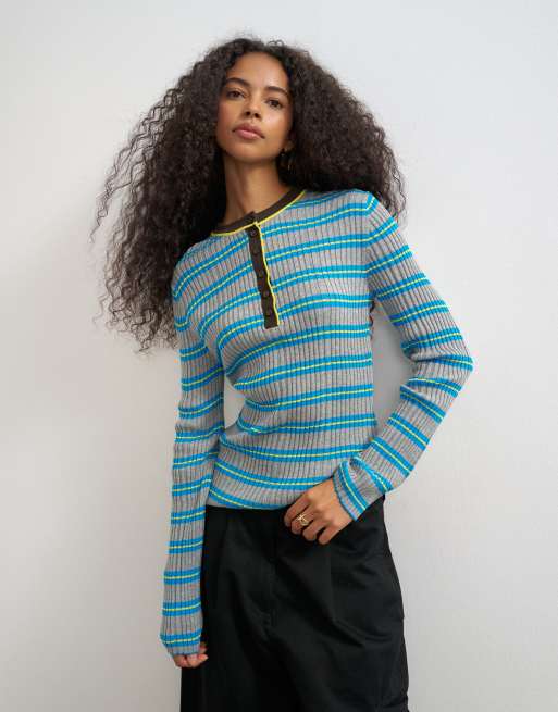 Topshop knitted henley long sleeve stripe top in blue multi, 3 of 4