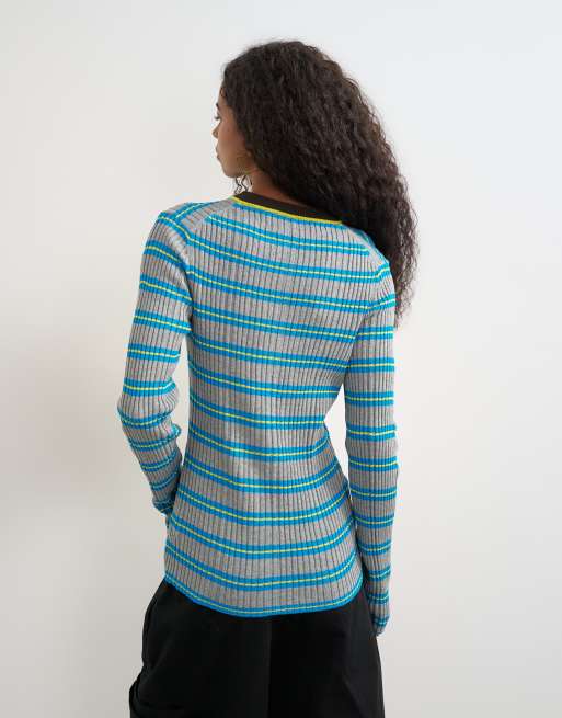 Topshop knitted henley long sleeve stripe top in blue multi, 4 of 4