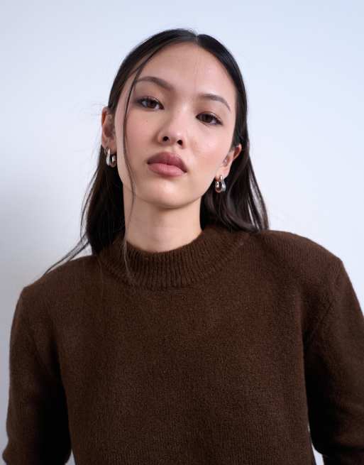 Topshop knitted high back cut out top with shoulder pads in chocolate, 2 of 4