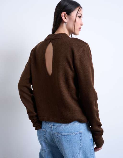 Topshop knitted high back cut out top with shoulder pads in chocolate, 4 of 4