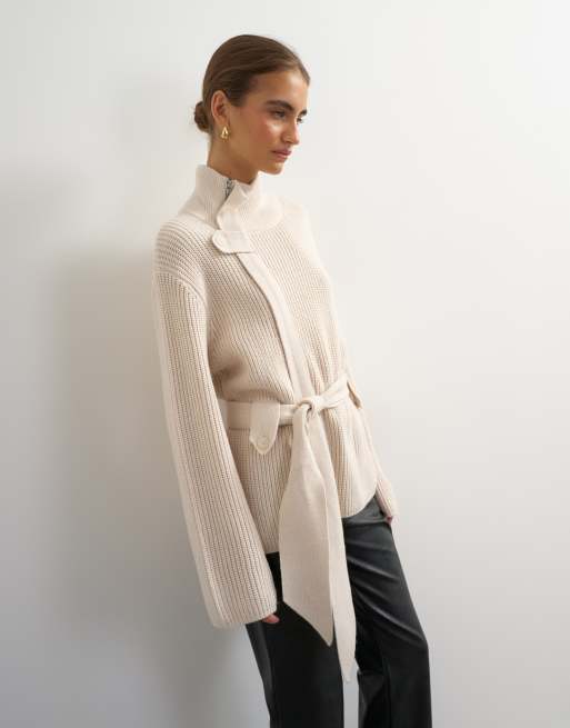 Topshop knitted high funnel neck utility jacket with wool in beige, 3 of 4
