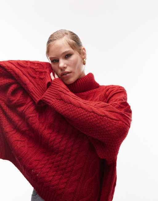 Topshop knitted high neck cable detail jumper in red