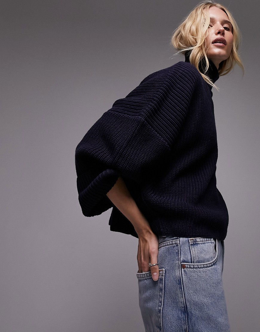 Topshop knitted high neck drop shoulder jumper with wool in navy
