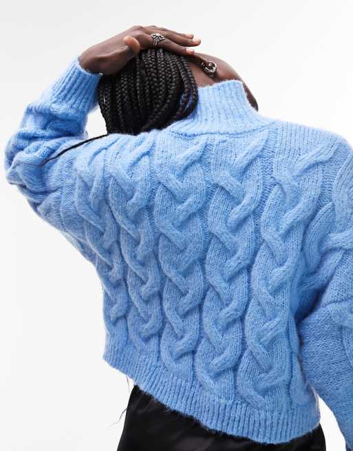 Topshop knitted high neck large cable crop sweater in blue | ASOS