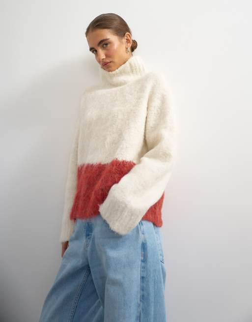 Topshop knitted high neck oversized abstract print sweater in ivory and red, 2 of 4