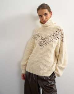 Knitted high neck ribbed jumper lace detail in ivory