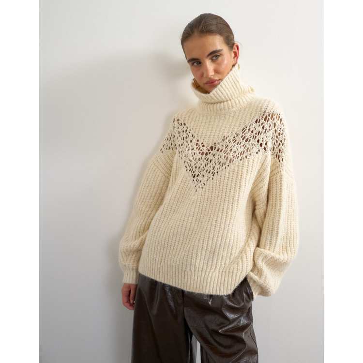 Topshop knitted high neck ribbed sweater lace detail in ivory | ASOS