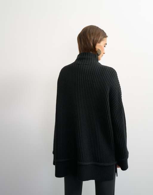 Topshop knitted high neck roll seam detail oversized jumper with wool in black, 3 of 4
