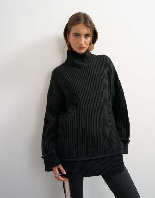 Topshop knitted high neck roll seam detail oversized jumper with wool in black, 4 of 4
