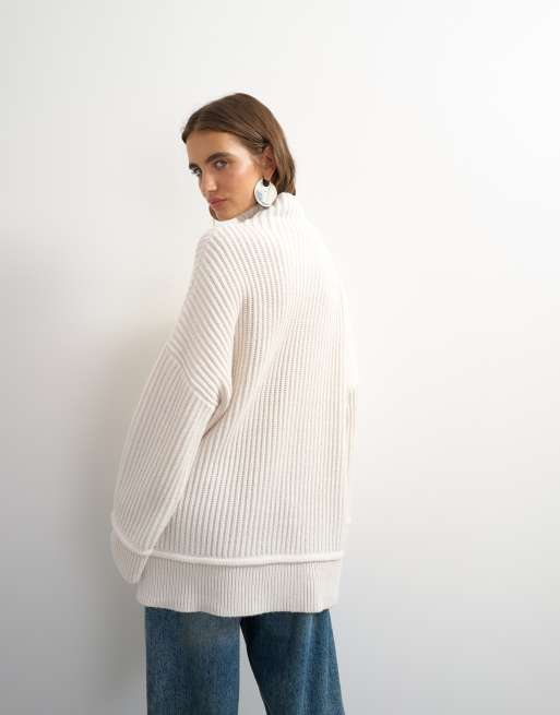 Topshop knitted high neck roll seam detail oversized jumper with wool in ivory, 3 of 4
