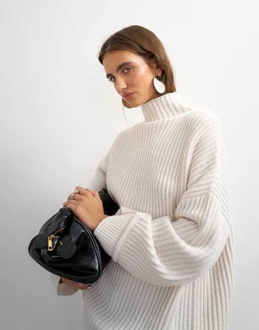 Topshop knitted high neck roll seam detail oversized jumper with wool in ivory, 4 of 4