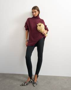 Knitted high neck roll seam detail oversized jumper with wool in mulberry