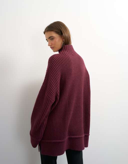 Topshop knitted high neck roll seam detail oversized jumper with wool in mulberry, 2 of 4