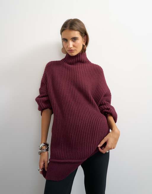 Topshop knitted high neck roll seam detail oversized jumper with wool in mulberry, 4 of 4