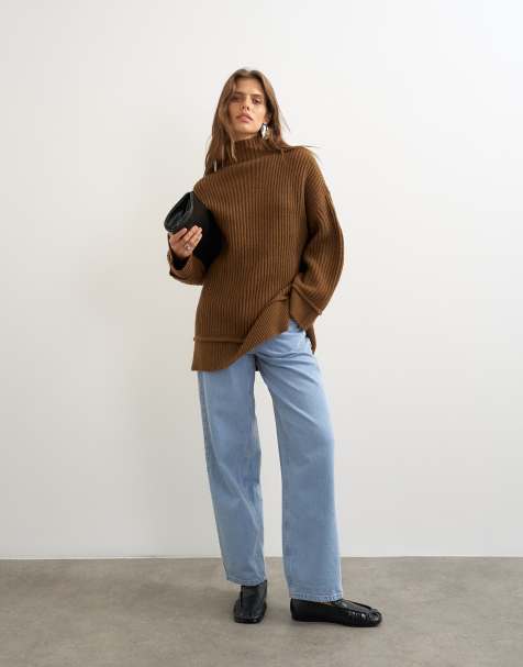Topshop knitted high neck roll seam detail oversized jumper with wool in pecan - view 1