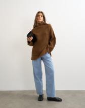 Topshop knitted high neck roll seam detail oversized jumper with wool in pecan