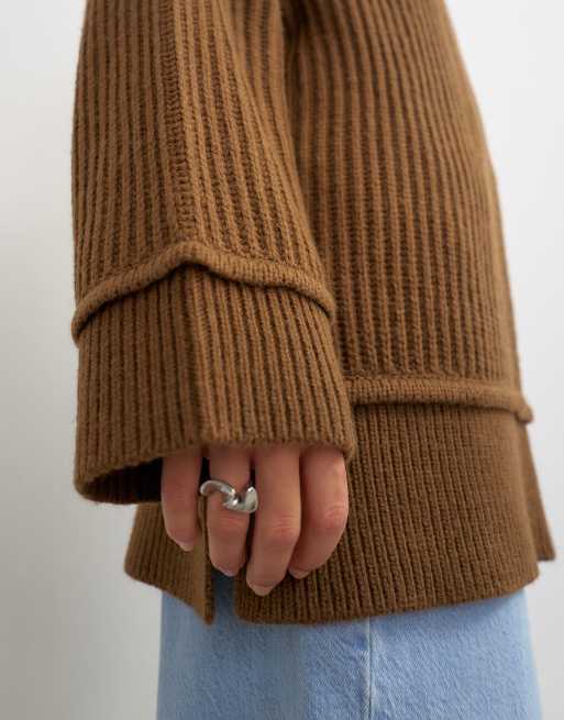 Topshop knitted high neck roll seam detail oversized jumper with wool in pecan, 2 of 4