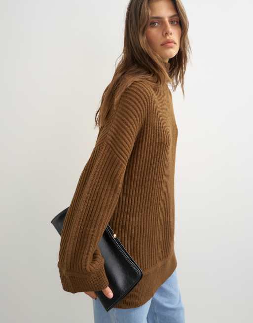 Topshop knitted high neck roll seam detail oversized jumper with wool in pecan, 3 of 4