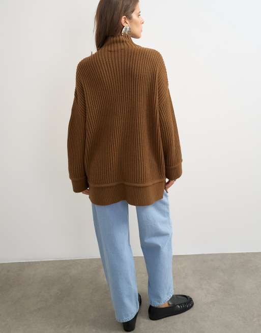 Topshop knitted high neck roll seam detail oversized jumper with wool in pecan, 4 of 4