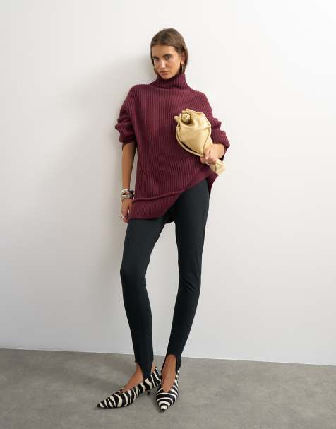 Topshop knitted high neck roll seam detail wool-blend oversized jumper in mulberry - view 1
