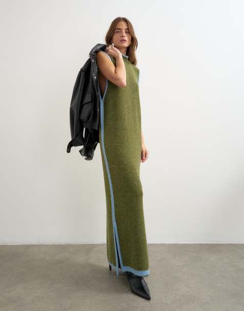 Topshop knitted high neck sleeveless tunic maxi dress in olive - view 1