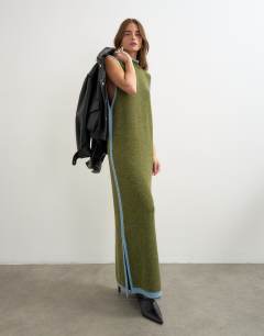 Model wearing Knitted high neck sleeveless tunic maxi dress in olive