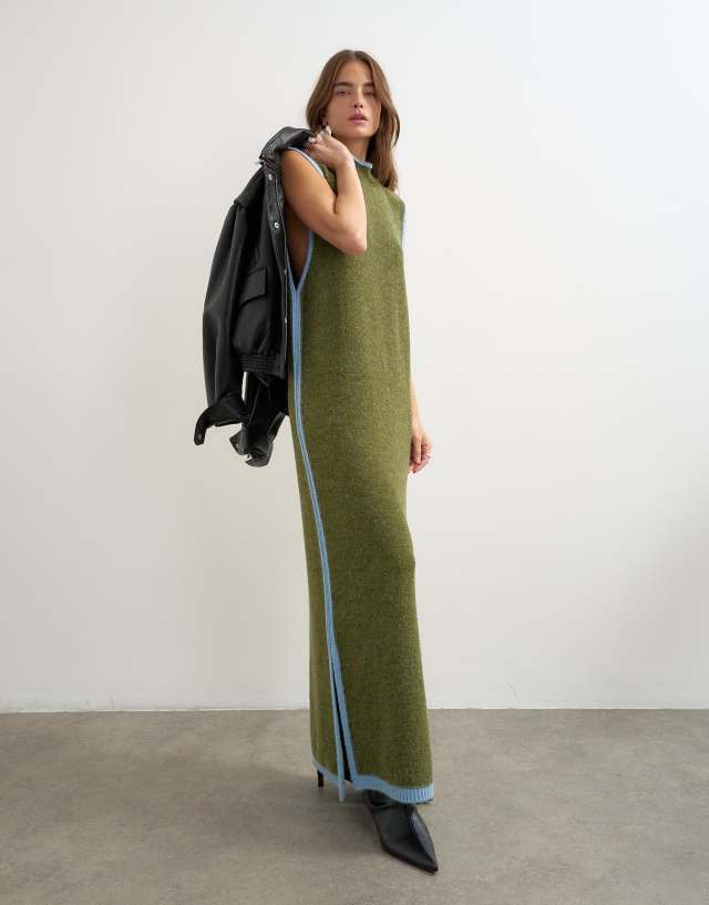 Topshop knitted high neck sleeveless tunic maxi dress in olive