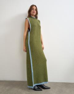 Model wearing Knitted high neck sleeveless tunic maxi dress in olive