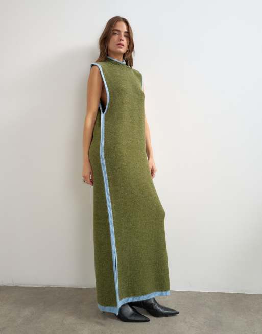 Topshop knitted high neck sleeveless tunic maxi dress in olive, 2 of 4