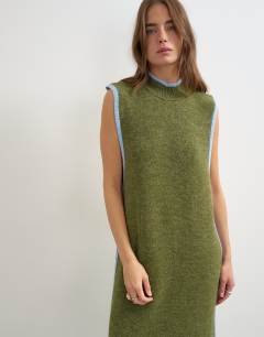 Model wearing Knitted high neck sleeveless tunic maxi dress in olive