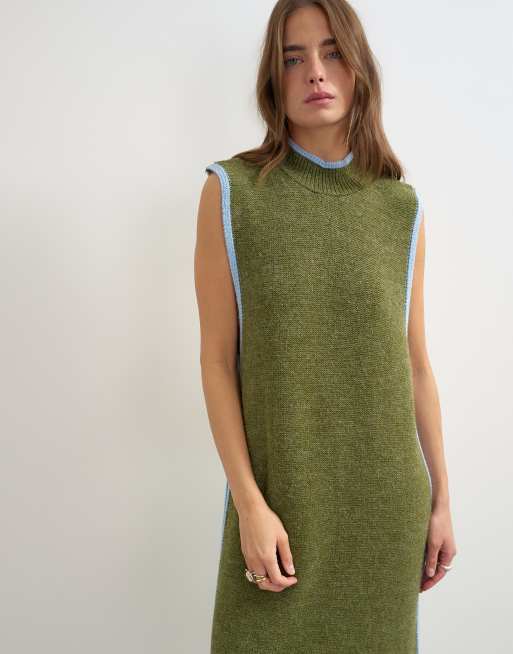 Topshop knitted high neck sleeveless tunic maxi dress in olive, 3 of 4