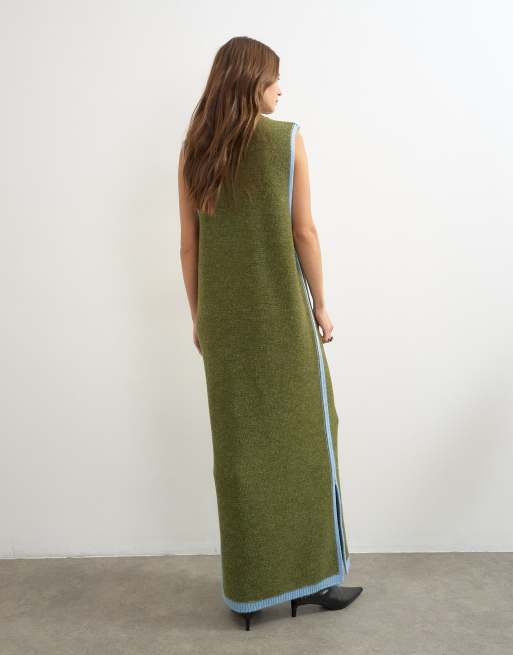 Topshop knitted high neck sleeveless tunic maxi dress in olive, 4 of 4