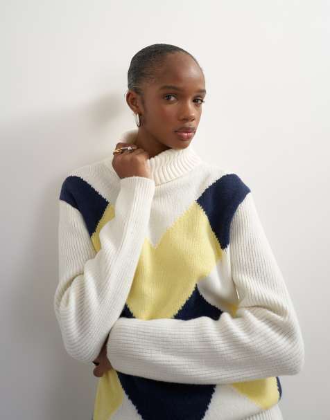 Topshop knitted high roll neck wool blend intarsia chevron jumper in ivory - view 1