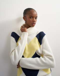 Knitted high roll neck wool blend intarsia chevron jumper in ivory